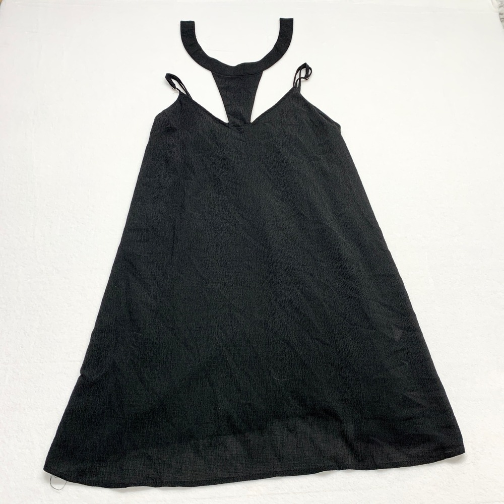 Entro‎ T-Back Mini Dress Womens Size L Black Boho Strappy Summer Crepe D7720